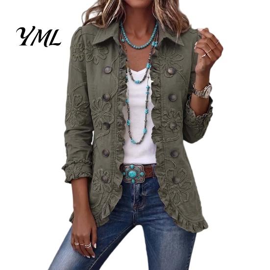 Turndown Collar Jackets Women Bohemia Floral Jacket, Ruffled Open Front Coat, Jacket Slim Fit Casual Long Sleeve Outwear for Fall