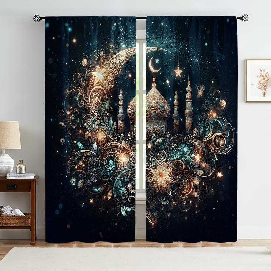 2 ШТ. Шторы с золотистым исламским узором «Звездное небо», Мечтательный стиль, Гостиная и Спальня, Декорация с карманом для кулиски