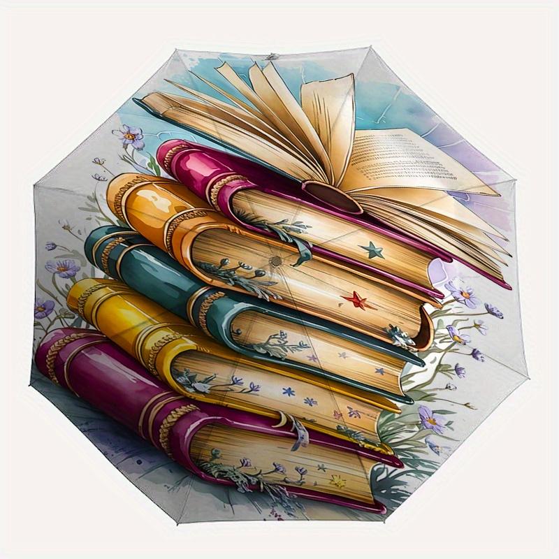 Стопка книг, Цветочные украшения, Зонт с автоматическим открытием и закрытием, Компактный дорожный зонт, Легкий и портативный, Подходит для пляжа
