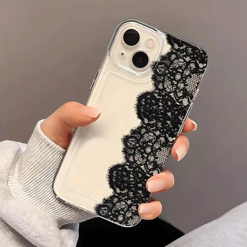 Чехол для телефона для iPhone 17 16 15 14 Plus Pro Max 12 11 13 X XS XR Plus 16E 17Air Мягкий прозрачный чехол Модный черный кружевной узор