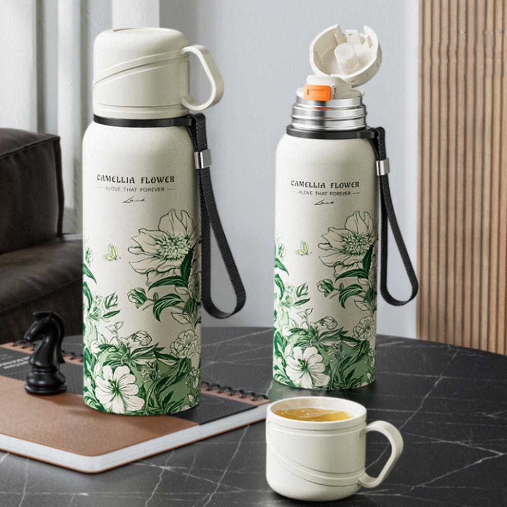 Stainless Steel Travel Mug 620ml Thermal Cup Portable Flower Pattern Thermos Bottle  Outdoor
