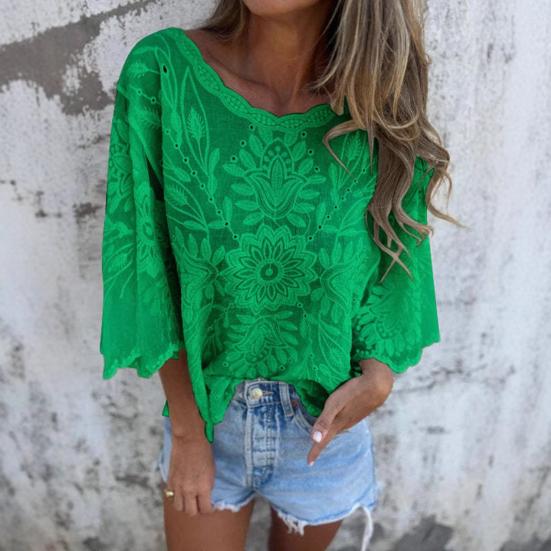 Женские топы с круглым вырезом и рукавами 3/4, свободная посадка, украшенная кружевом, повседневная рубашка, однотонные дышащие нестандартные топы