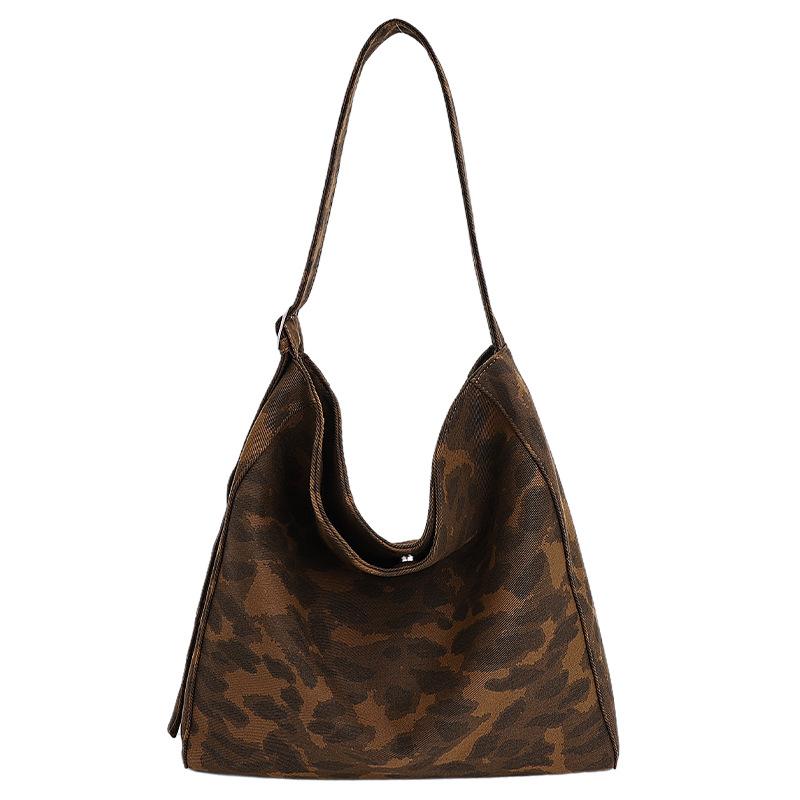 Large Capacity Tote Bag Women's Autumn New Leopard Print Shoulder Messenger Bag Simple Retro Canvas Commuter Bag