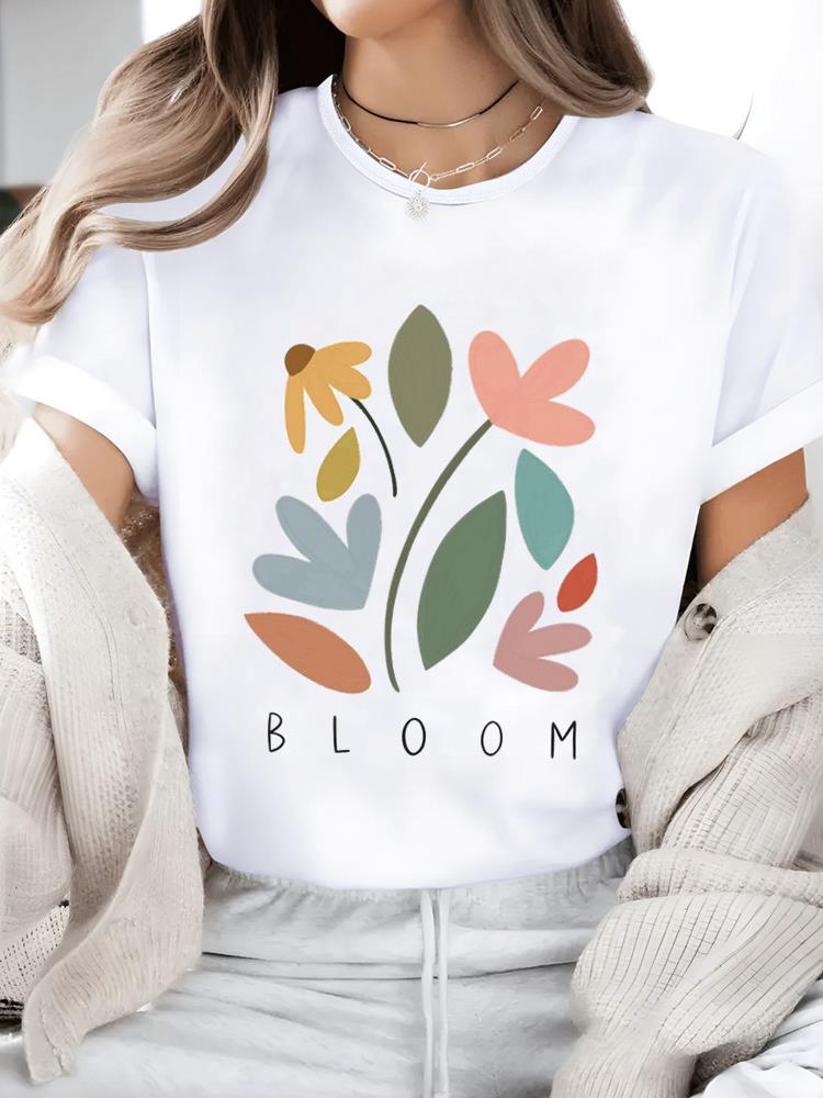 (Asian Size) Print Short Sleeve T-shirts Flower Style 90s Fashion O-neck Female Casual Women's Top T Clothing Graphic Tee