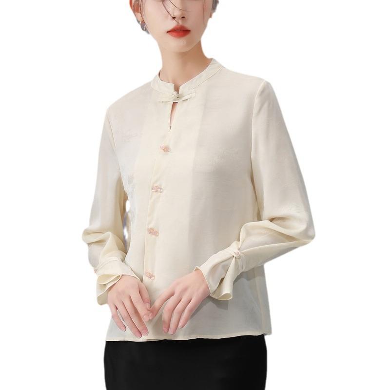 Женская рубашка с воротником-стойкой в китайском стиле на весну и осень. Новая, омолаживающая, красивая шифоновая рубашка с расклешенными рукавами.