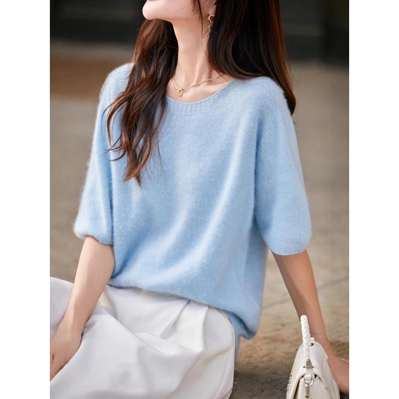 Seamless Round Neck Fleece Wool Half-Sleeve Women's Knit Top Sweater for Autumn/Winter