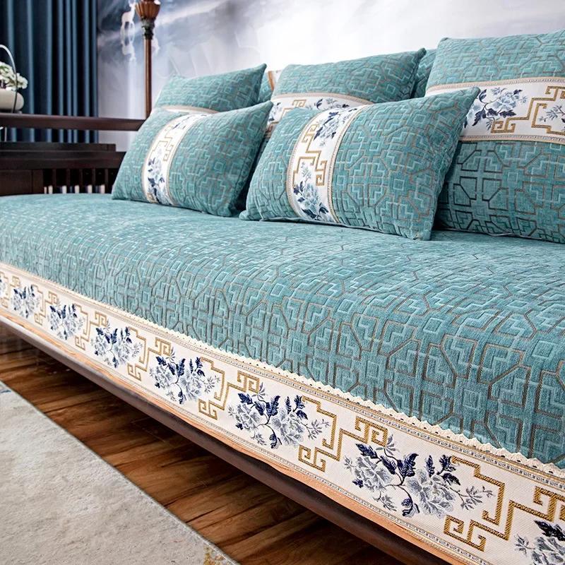 Роскошные Чехлы на Диван в Китайском Стиле Вышивка Цветами Противоскользящая Подушка на Диван для Гостиной Диваны Кресло Чехол-полотенце