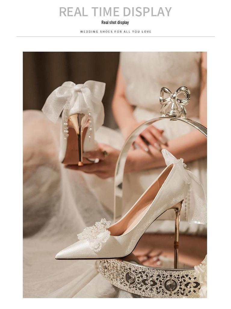 White Satin Stiletto Heels with Rhinestone Bow for Weddings and Banquets