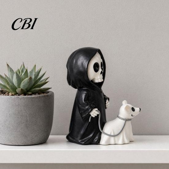 Cute Spooky Halloween Gift Grim Reaper & Ghostly Puppy Resin Figurine, Black Robed Skeleton with Ornament Ghost Dog Statue, Dark Gothic Decor for Desk