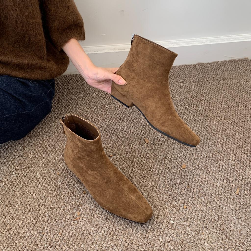 Suede Women Ankle Boots Chunky Mid Heels Retro Shoes New Brand 2025 Trend Designer Zippers Classic Goth Winter Botas De Mujer