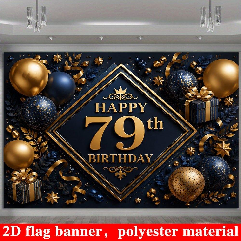 2D Flat Banner, 79th Birthday Backdrop, Golden and Blue Balloons, Gift Boxes, Decorative Foliage