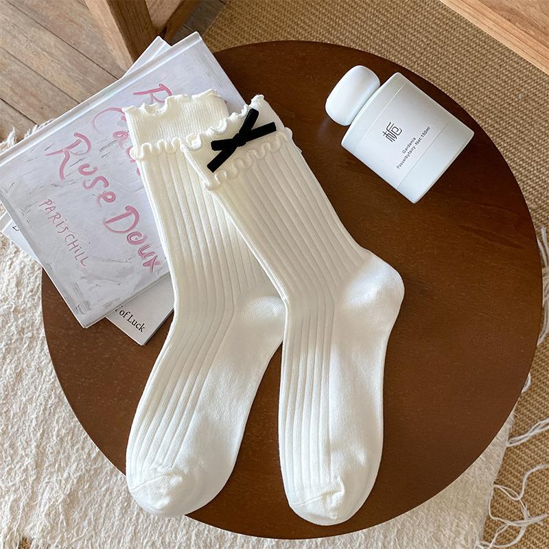 Женские весенне-осенние однотонные милые бархатные носки с бантом и двойным краем 'деревянное ушко' в рубчик