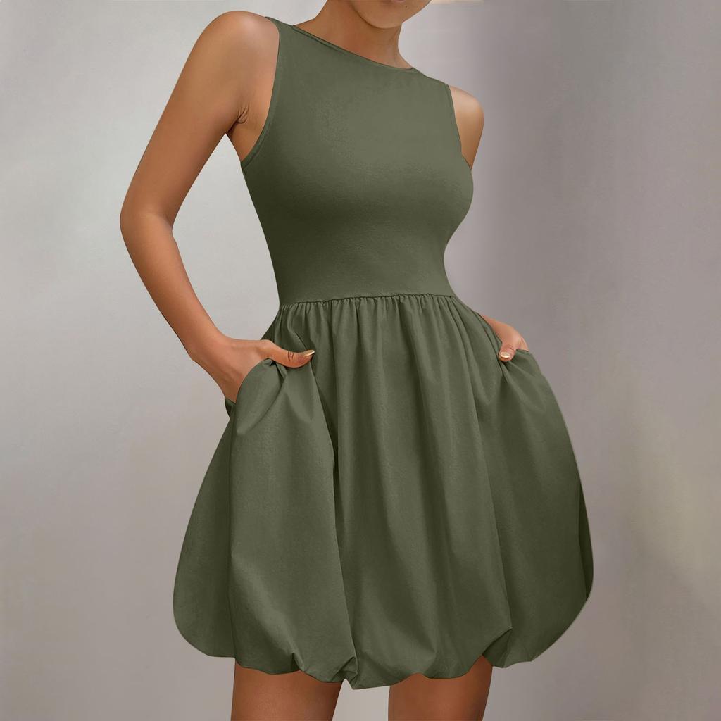 Женское платье-солнце, летнее, повседневное, однотонное, А-силуэт, без рукавов, топ-платье