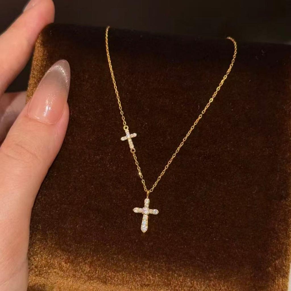 Vintage Double Cross Pendant Clavicle Necklace For Women Simple Luxury Versatile