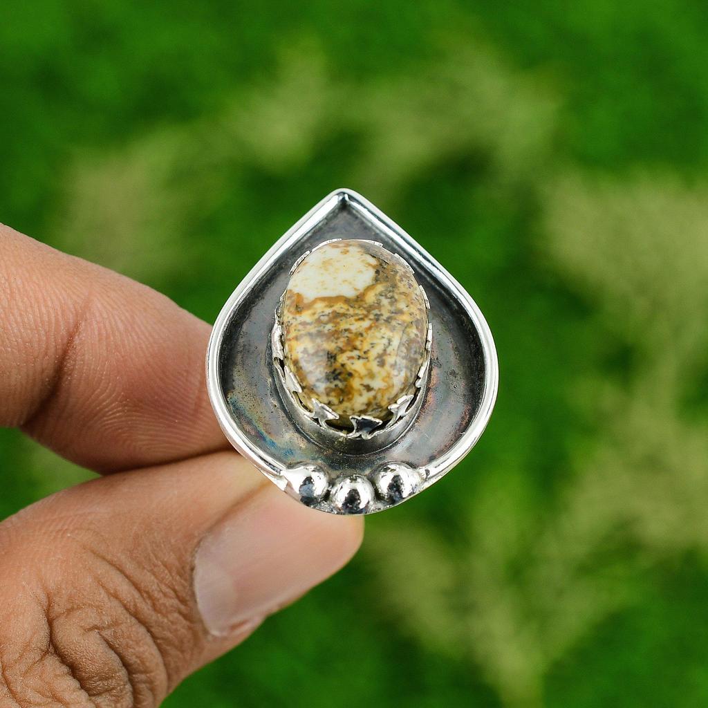 Gift For Her 925 Silver Natural Picture Jasper Multi Stone Adjustable Ring