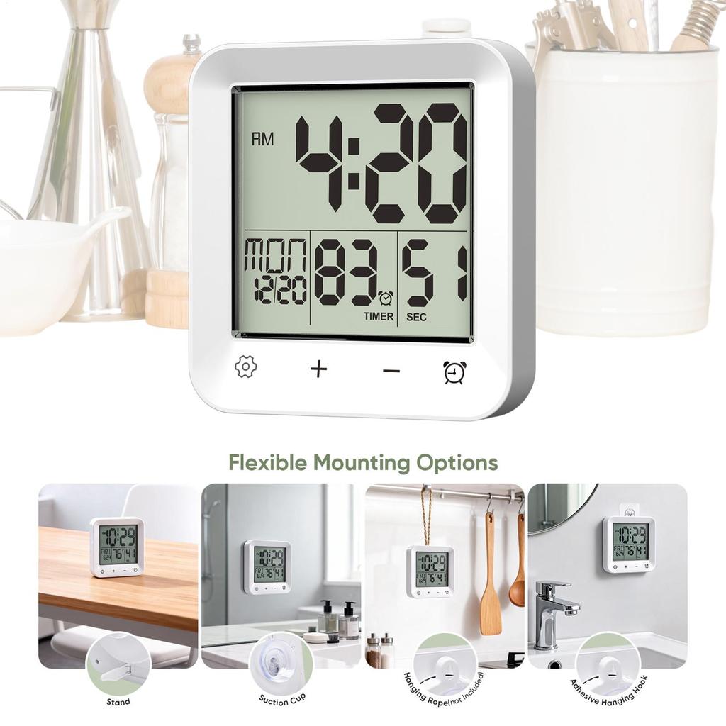 Bathroom Waterproof Shower Timer 12/24-hour Time Clock Date Week Digital Temperature Display LCD Display Screen Wall Clock Timer