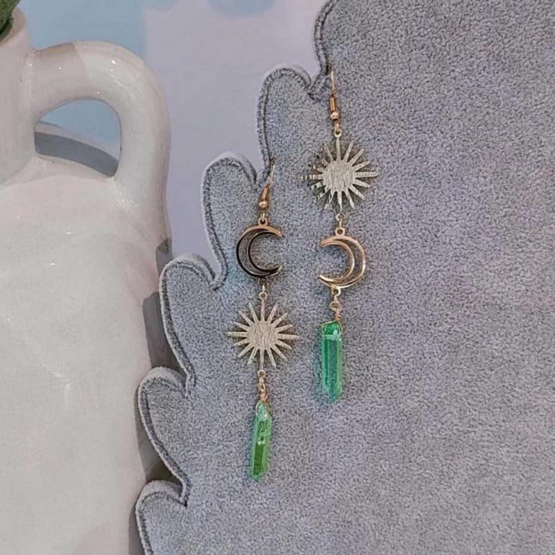 Асимметричные серьги-подвески 'Солнце и Луна' из гальванического кварца в 18-каратном золоте в богемском стиле от Jun'an Goddess