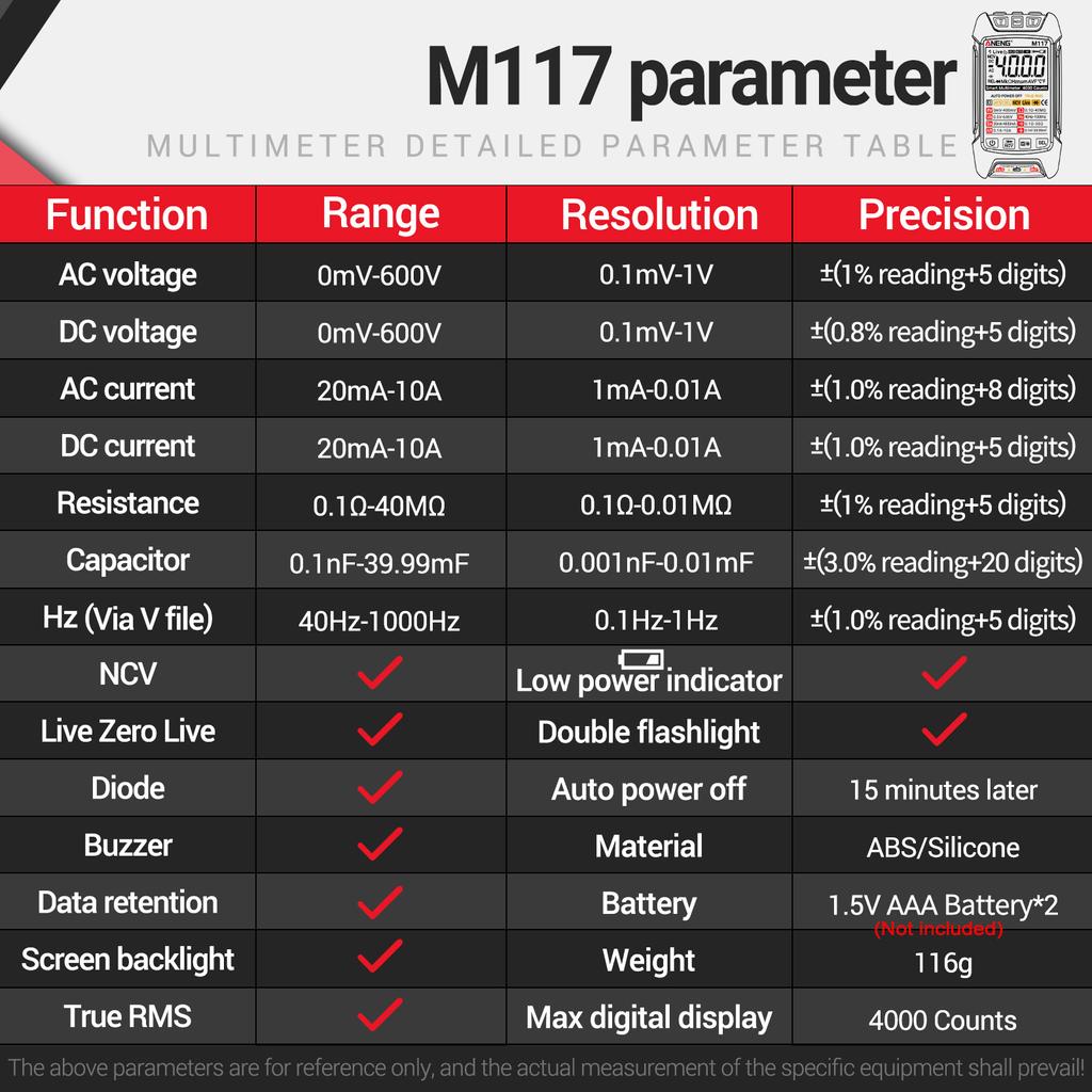 Мультиметр ANENG M117 Smart Digital 4000 Counts ACDC Voltage Current Meter Professional