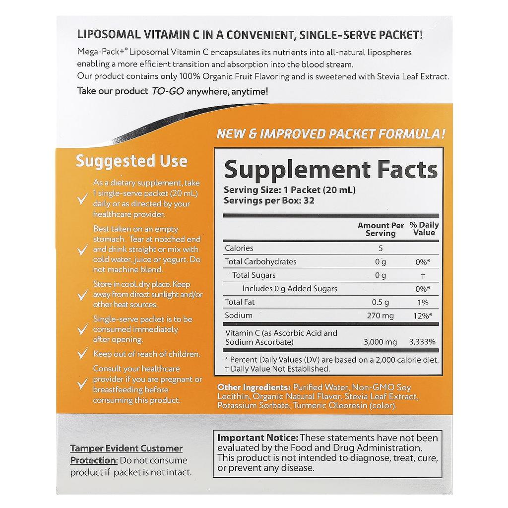 Aurora Nutrascience Mega-Pack+ Липосомальный витамин С, 3000 мг, 32 упаковки, 20 мл (0,68 жидких унций) каждый
