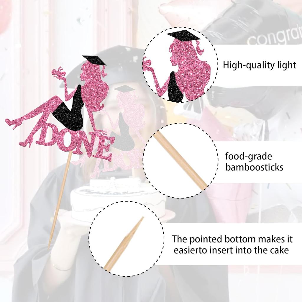 1 PCS High Heel Girl Graduation Cake Topper Black Pink Glitter Done Diploma Class of 2025 Congrats Grad Cap Cake Pick for 2025 Senior High School