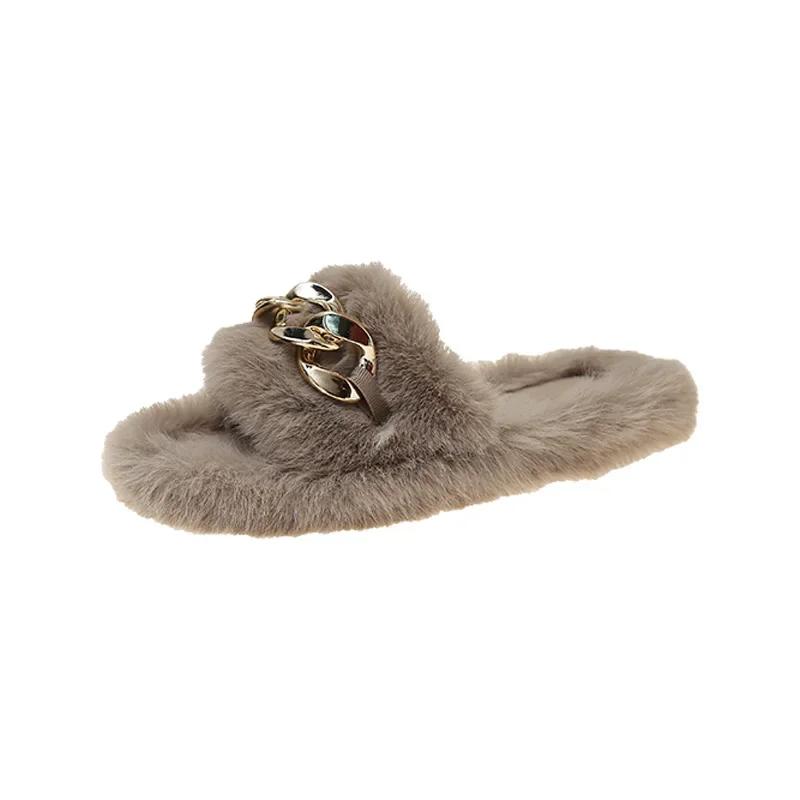 Зимние тапочки женские цепочные толстые подошвы плюшевые тапочки модные женские уличные теплые тапочки на плоском каблуке