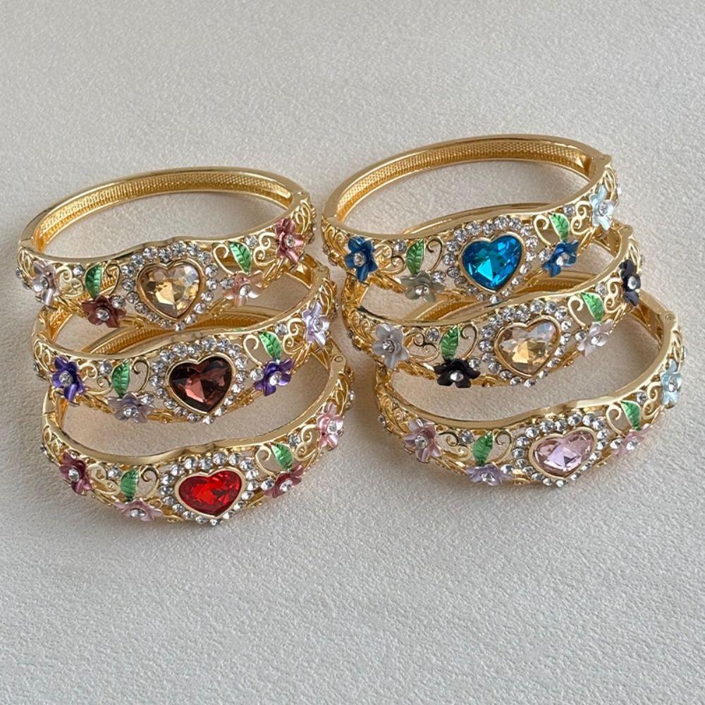 Colorful Vintage Cloisonne Bangle Enamel Flower Bangle Fashion Heart Crystal Bracelet Girls