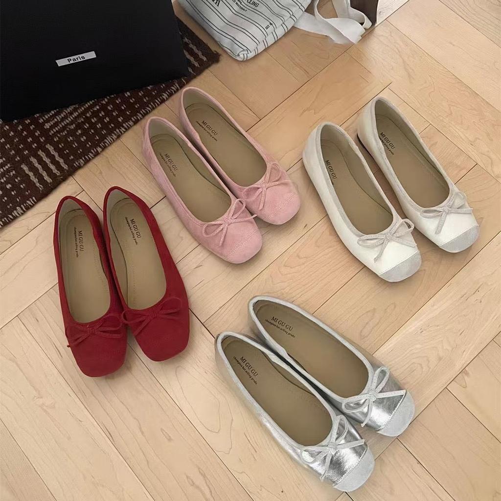 Мелкие туфли бабушки весна и осень новые маленький ароматный ветер бант балетки серебристые плоские одинарные туфли женские