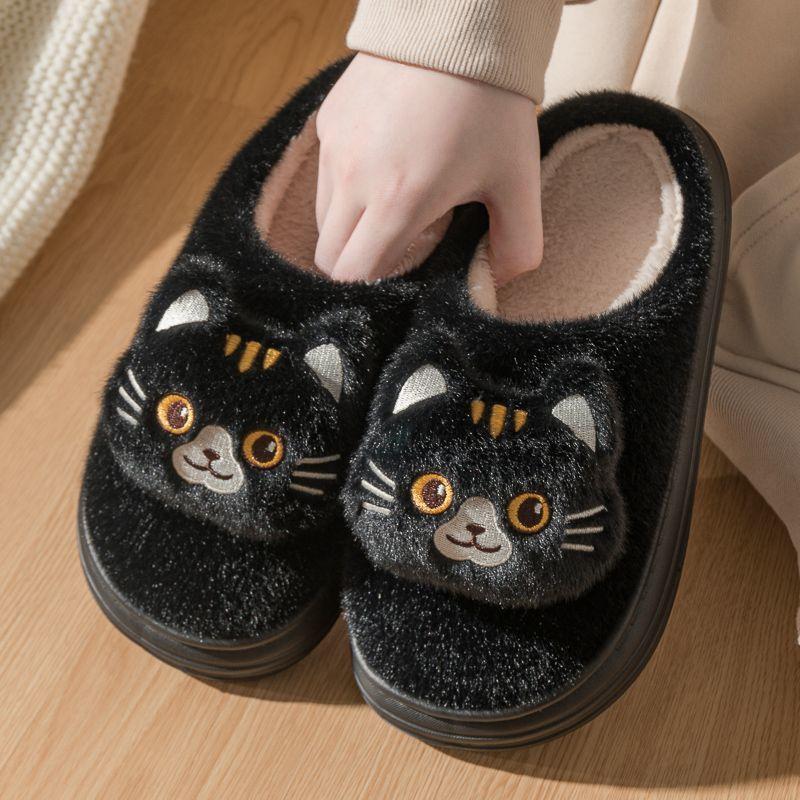 Unisex Winter New Black Furry Cat Cotton Slippers for Women Indoor Home Non Slip Thick Bottom Soft Bottom Fuzzy Slipper Men44/45