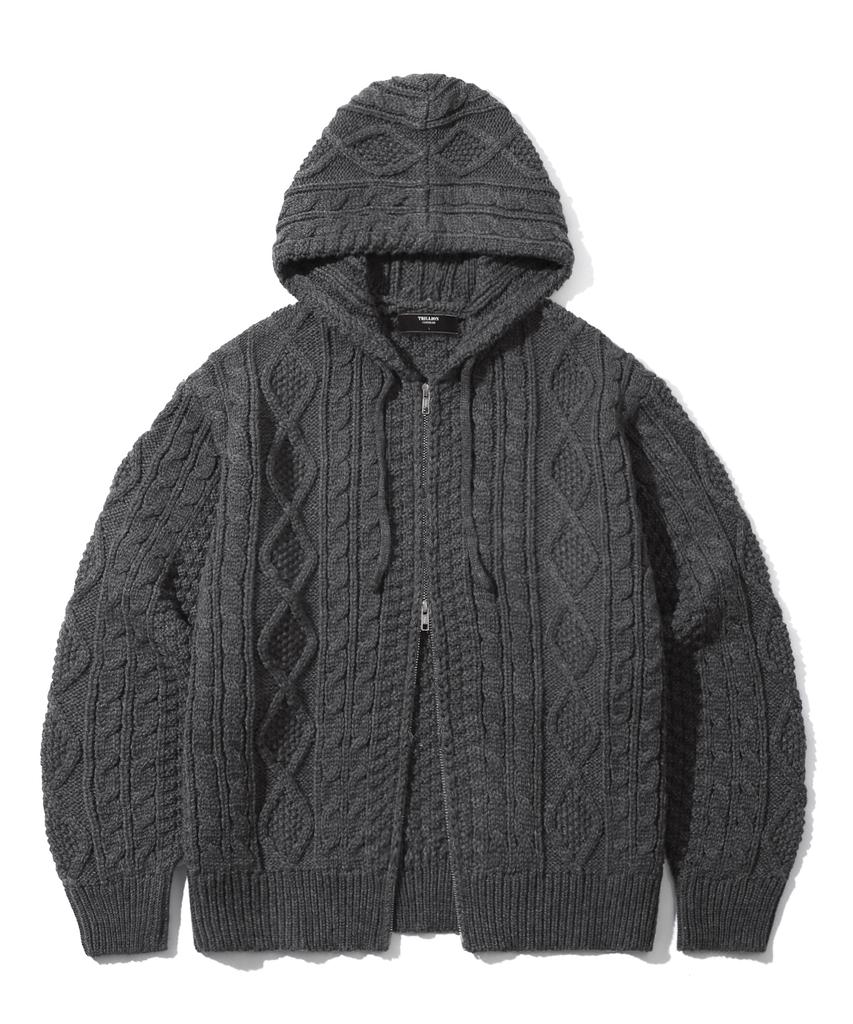 TRILLION Washable Aran Cable Hooded Zip-Up Knit (Charcoal)