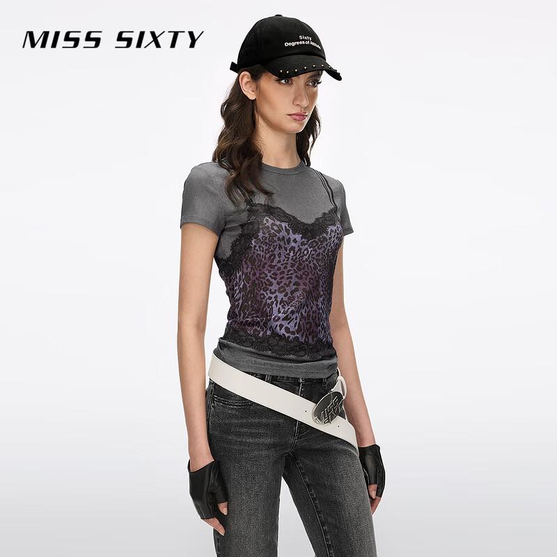 Miss Sixty Кружевная футболка с леопардовым принтом и иллюзией многослойности, весна 2026