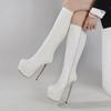 Eilyken Белые женские сапоги до колена в стиле панк с застежкой-молнией и круглым носком на очень тонком каблуке, зимние ботинки для мотоциклистов на платформе