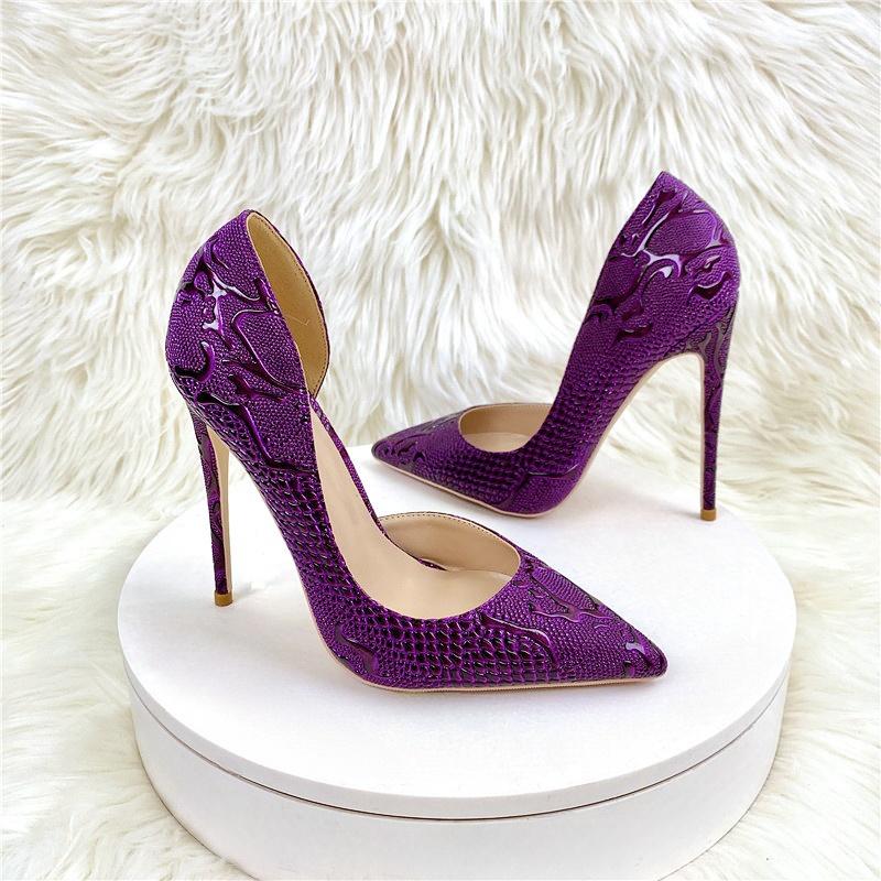 Сексуальные женские туфли с острым носком и тиснением под крокодила фиолетового цвета, туфли для вечеринок и банкетов, женские туфли больших размеров