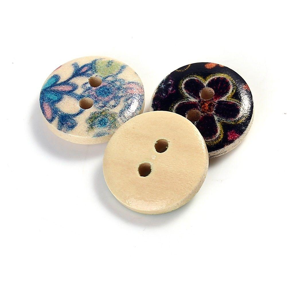 100pcs 15mm Mixed Round Pattern 2 Holes Wood Buttons Sewing