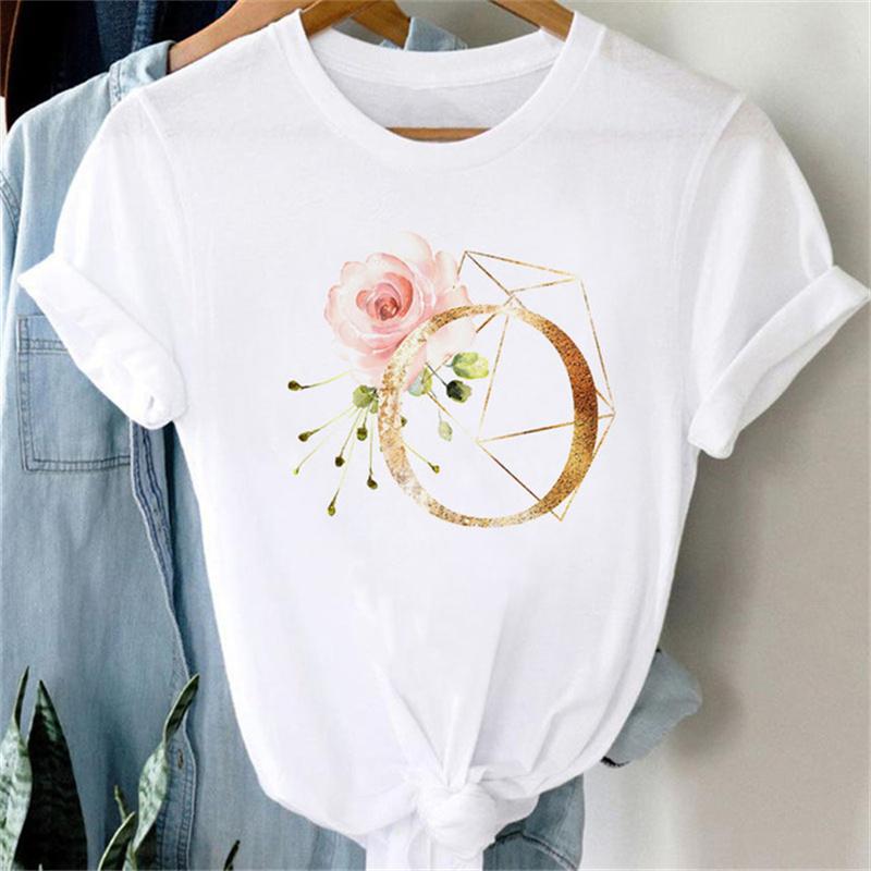 Custom Name Letter Combination Women T Shirt Floral Gold Letter Font A B C D Print Short Sleeve Tee Tops Female T-shirt Clothes