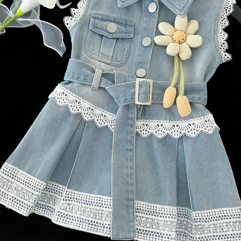 Girls Sleeveless Denim Dress Summer Fashionable Lace Trim Toddler Vest Dress Kids Casual Outfit