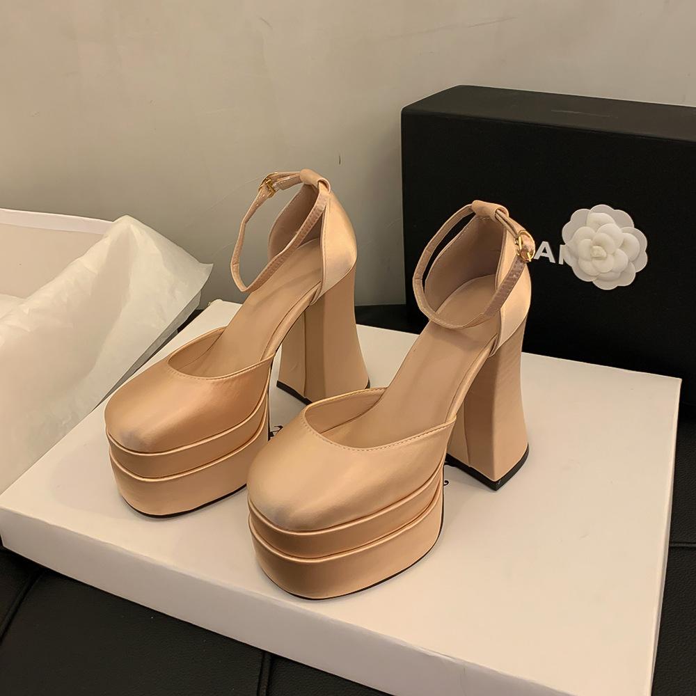 Черные туфли на высоком толстом каблуке, которые не утомляют ноги, сатиновые водонепроницаемые на платформе, ретро Мэри Джейн женские туфли