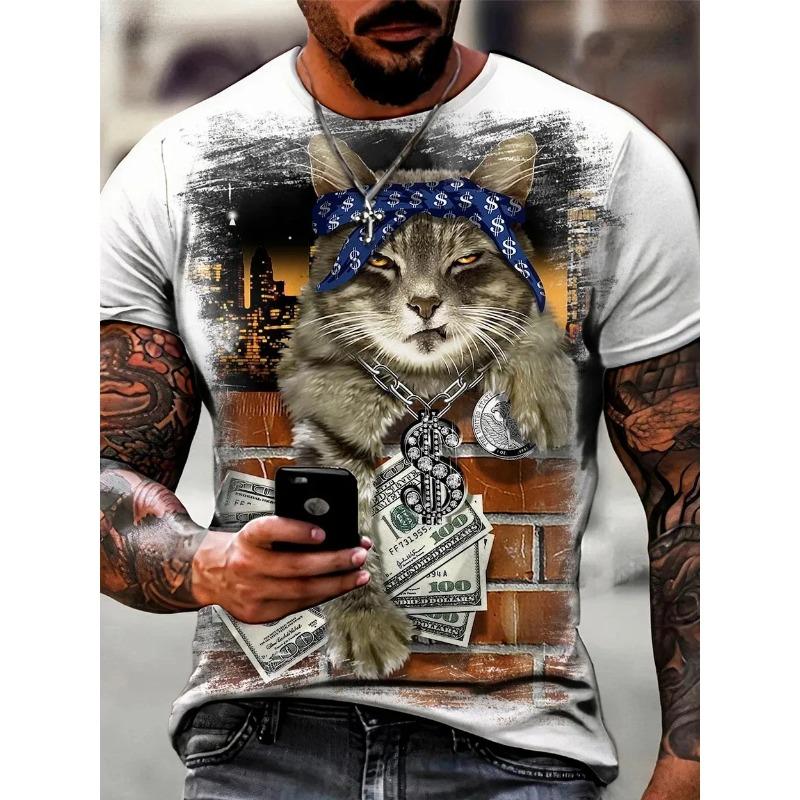 Male Trend Cat Element T Shirt for Men Daily Outdoor Fashion Regular Fit O-neck Short Sleeve Comfortable Material Clothing Shirt