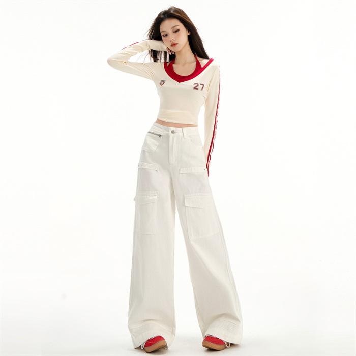 American white utility wide-leg jeans for women, 1116 spring/summer new multi-pocket loose slimming versatile jeans