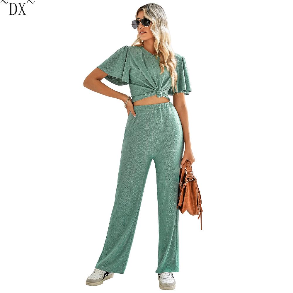 DX - весеннее и летнее новое желание, женский однотонный повседневный вязаный ажурный комплект с круглым вырезом для внешней торговли в Европе и Америке