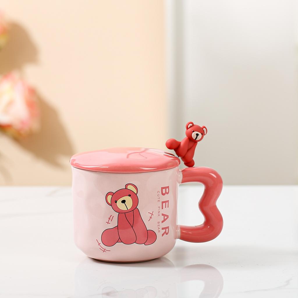 Cute Cartoon Ceramic Cup Powder Bear Mug with Lid Spoon High Looking Girl Drinking Water Cup for Home Use
