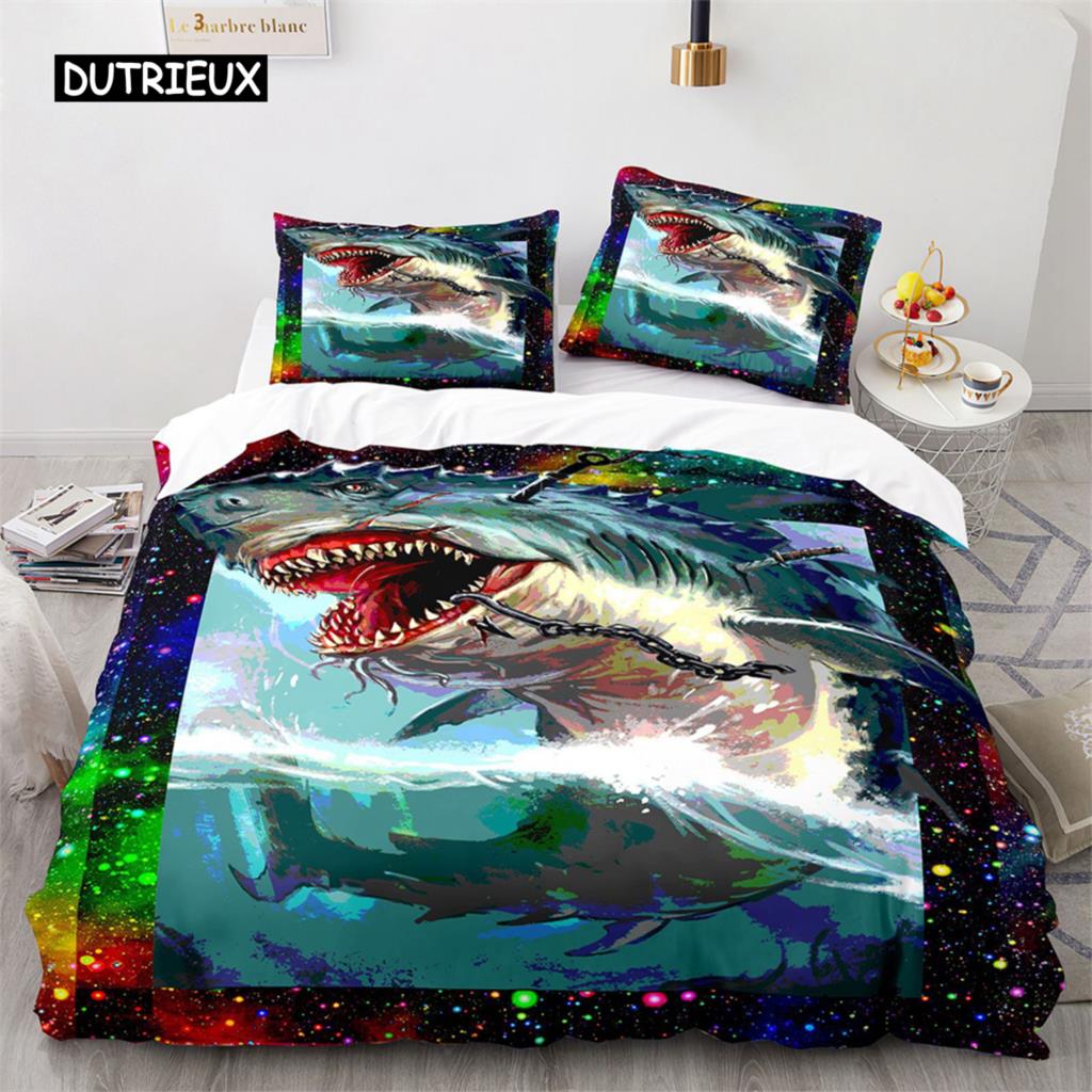 3D Shark Fish Duvet Cover Beach Ferocious Shark Theme Bedding Set Ocean Sea Comforter Cover for Kids Women Men Room Decorations