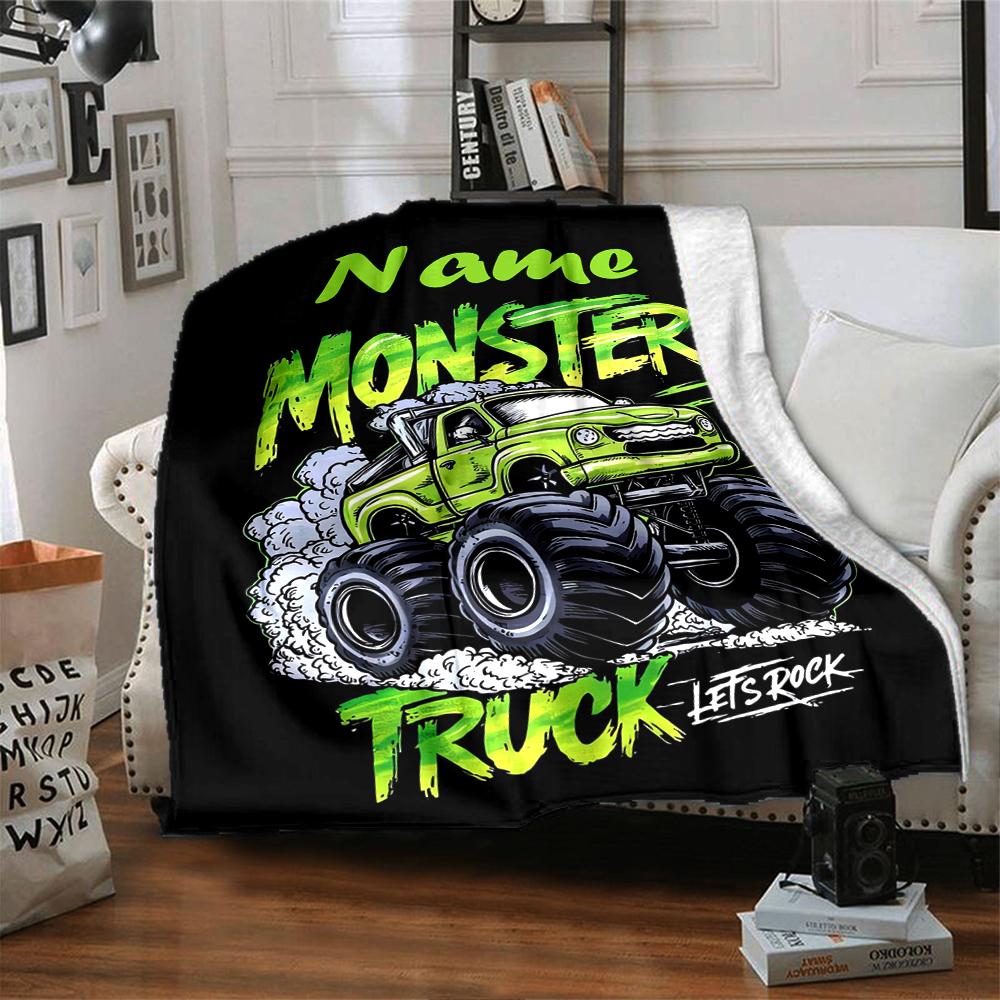 Custom Name Truck Theme Printed Blanket - Perfect for Couch, Bed, Travel & Outdoor Use | Machine Washable, Cozy & Durable.