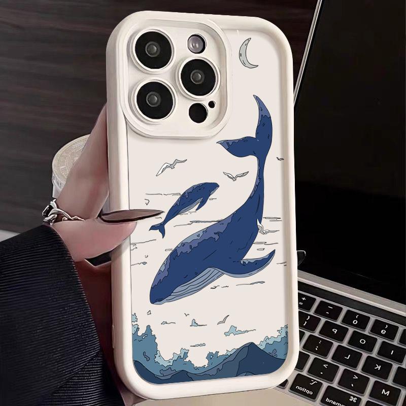 Мягкий чехол для телефона TPU с принтом кита для iPhone 16 Pro Max 16E 15 Pro 14 13 12 11, защита линз, противоударный матовый бампер