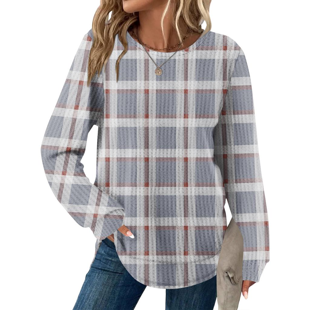 Женский повседневный топ свободного кроя с круглым вырезом и длинными рукавами в клетку