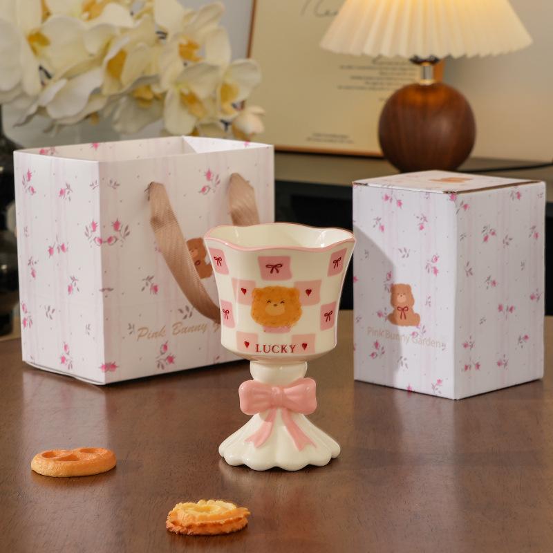 Pink Cartoon Bear Tall Ceramic Mug Ice Cream Cup Cute Wind Wine Glass Egg Gift Box Souvenir