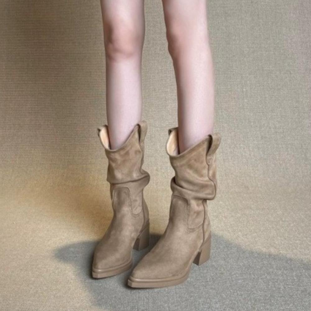 Коричневые Western Boots с заостренным носком на толстом каблуке Женские Плюс Без шнуровки Ботинки до середины икры Женские С широкой штаниной Складчатые Замшевые Botas Mujer