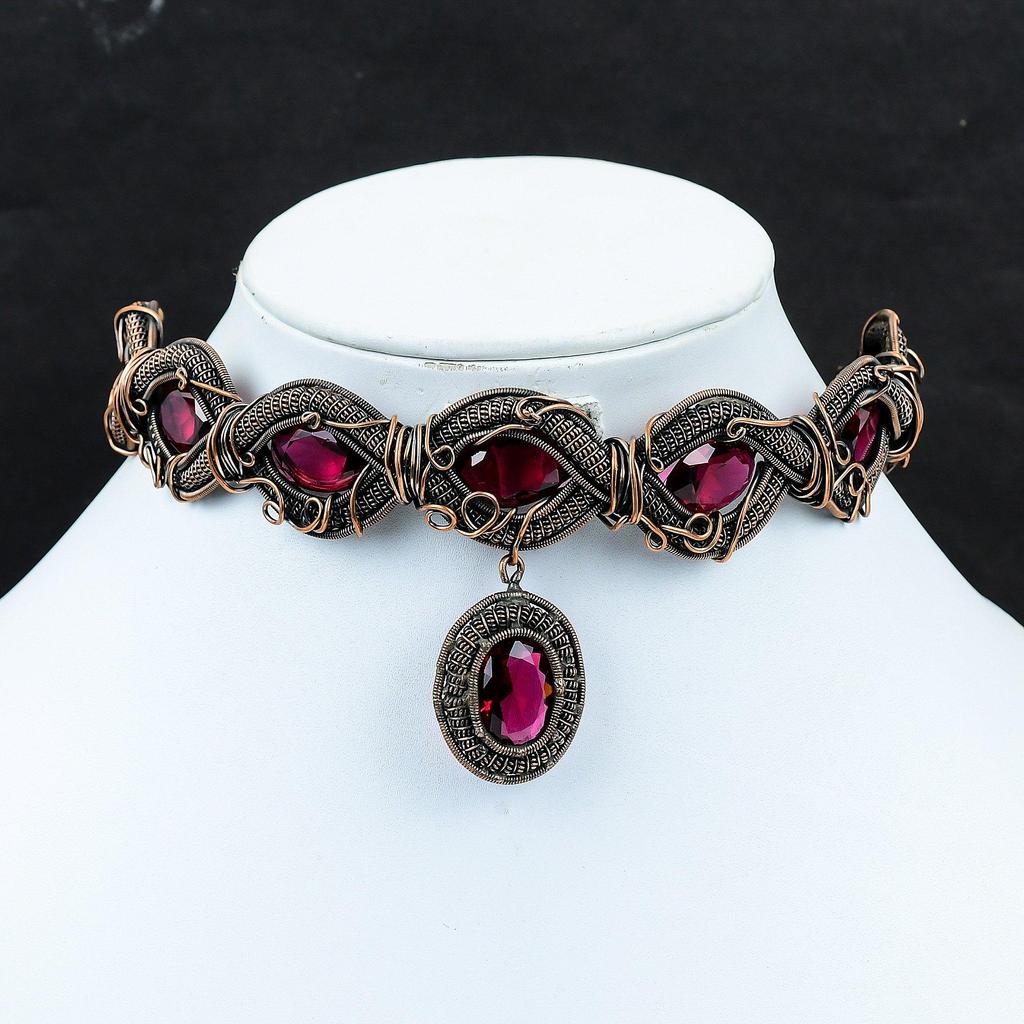 Ожерелье из граненого рубеллита, ожерелье из медной проволоки, регулируемое цепочное ожерелье, ювелирные изделия из меди, ожерелье из драгоценных камней, ювелирные изделия ручной работы для подарка