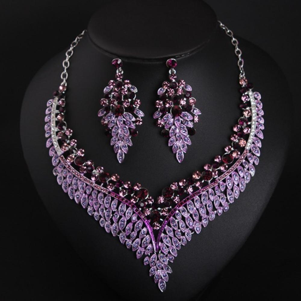 3Pcs Purple Necklace Earring Set Luxury Crystal Jewelry Set Fashion Stud Earrings Choker Set Women