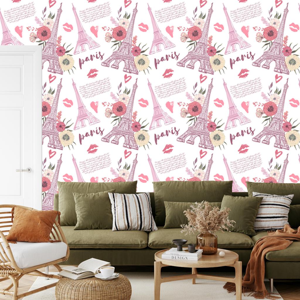 Eiffel Tower wallpaper with flowers and hearts for living room and bedroom 50x1000