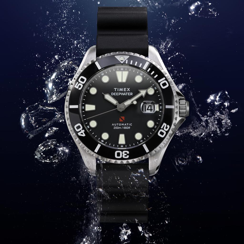 TIMEX Deepwater Meredian 200 Автоматические 20 АТМ Водонепроницаемые Сапфировое Стекло Черный Циферблат, Устойчивые, Кристалл, Циферблат, TW2Y40000, Мужские [Оригинальные]